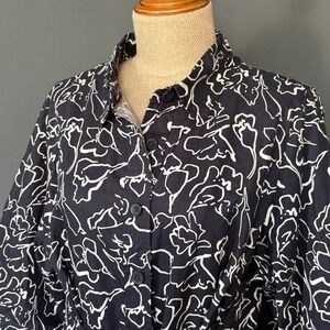 eShakti Dress | Size XL 18 | Navy White Floral‎ Button Front Belted 3/4 Sleeve